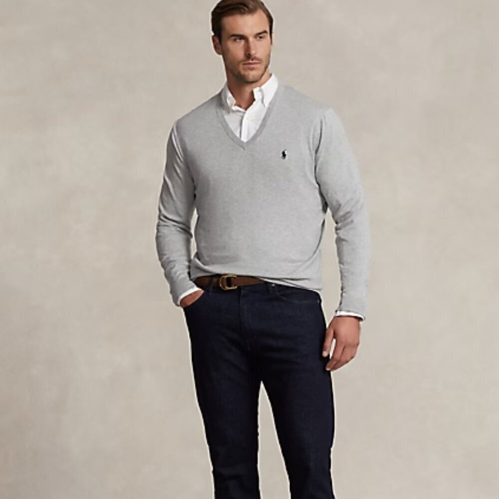 Polo Ralph Lauren Men's Pullover 100% Cotton V-Neck Sweater Grey Fit Size 3XLT